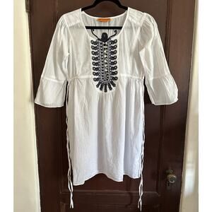 Roberta Freymann | White Lightweight Cotton Embroidered Bell Sleeve Dress | XS